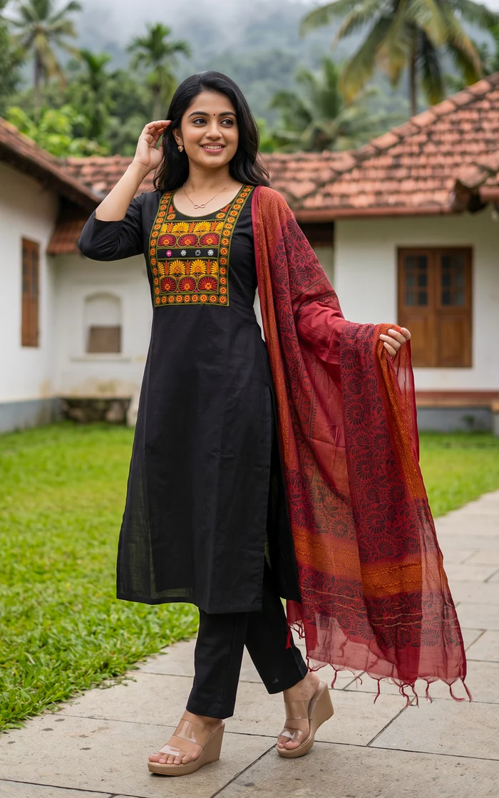 Black Embroidered Straight Salwar Set with Maroon Printed Dupatta